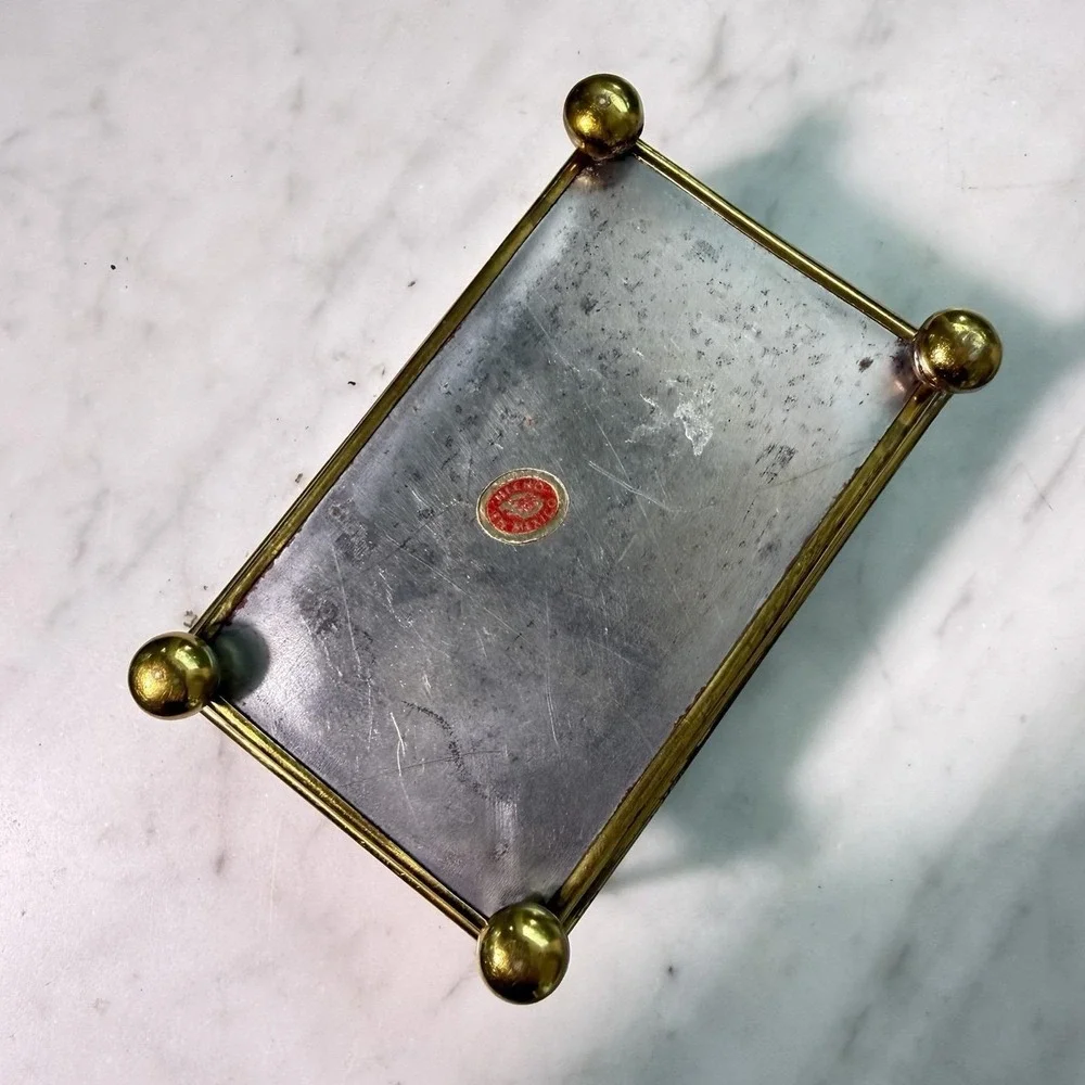 Vintage 80s Mexican Brass Etched Glass Swallow Trinket Box‎ Bird Vanity Mirror